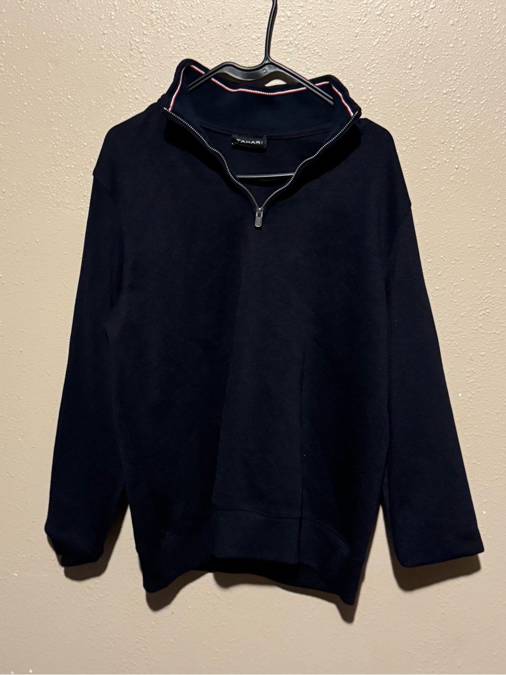 Tahari Men's Navy Quarter-Zip Sweater with Red & White Collar Trim